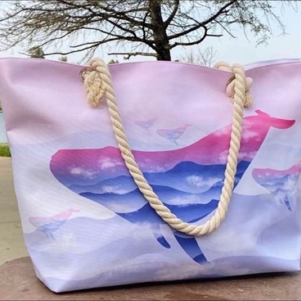 New! Ombré Ocean Whale Rope Handle Tote Travel Bag Beach with pocket - Picture 4 of 12